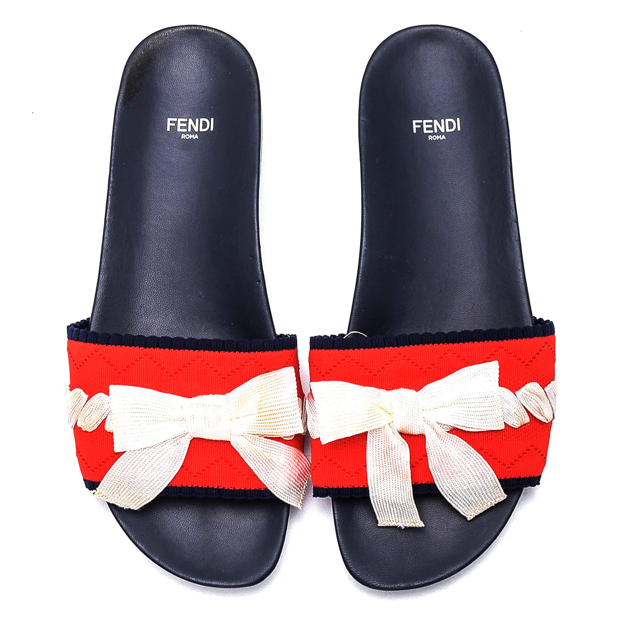 Fendi - Navy / Red Knit Ribbon Slippers/39